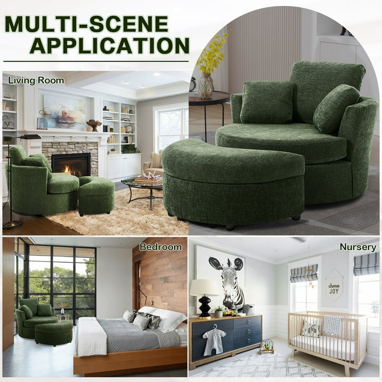 Muumblus Chenille Swivel Barrel Chair Ottoman, Comfy Armchair