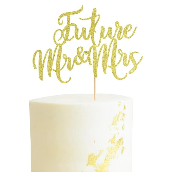 1Pc Future Mr and Mrs Cake Topper, Bridal Shower Cake Pick Decorations- for Wedding Engagement Theme Party Decoration, Bachelor Party Decorations Supplies - Gold Glitter