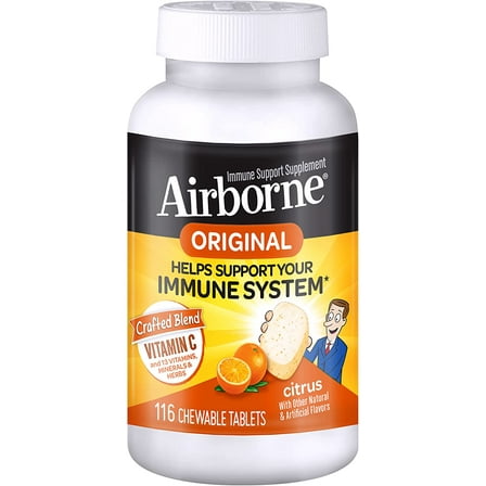 Airborne 1000mg Vitamin C Chewable Tablets with Zinc, Immune Support Supplement with Powerful Antioxidants Vitamins A C & E - (116 count bottle), Citrus Flavor, Gluten-Free