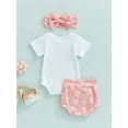 thumbnail image 5 of Bagilaanoe Newborn Baby Girls 3 Pieces Outfits Letter Print Pink Short Sleeve Romper Tops + Shorts + Headband 3 6 12 18 Months Summer Casual Set, 5 of 8