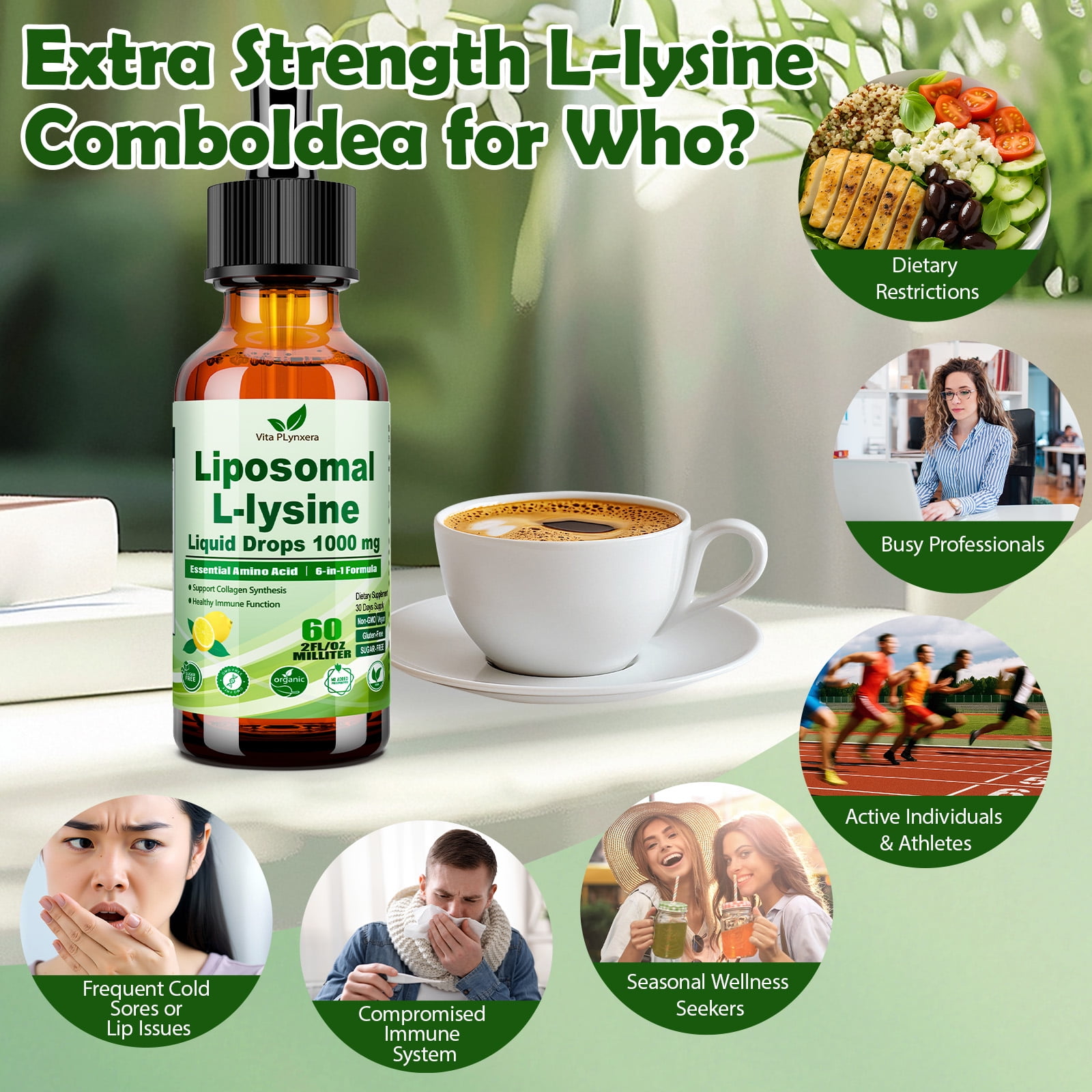 VitaPLynxera L-Lysine 1000mg Liquid Drops with Monolaurin & Immune Support Nutrients* | Essential Amino Acid for Collagen & Protein Synthesis* | Liposomal Formula with Vitamin C, D3, Zinc