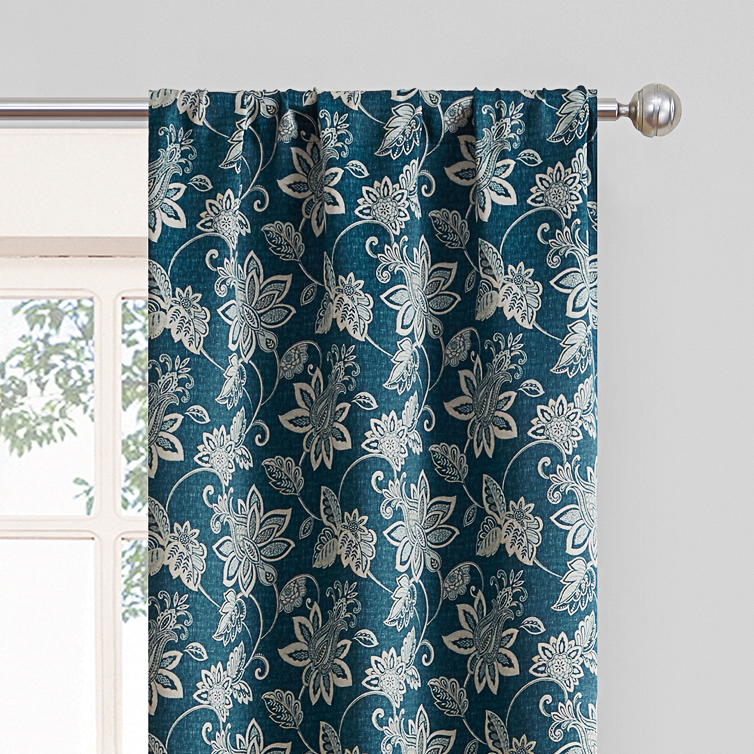 Eclipse Phoenix Solid Blackout Curtains, Set of 2, 84 Inch Long Blackout Curtains, 37"W x 84"L, Indigo Botanical
