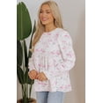 thumbnail image 3 of Pink Floral Print Shirred Balloon Sleeve Keyhole Back Babydoll Blouse, 3 of 8