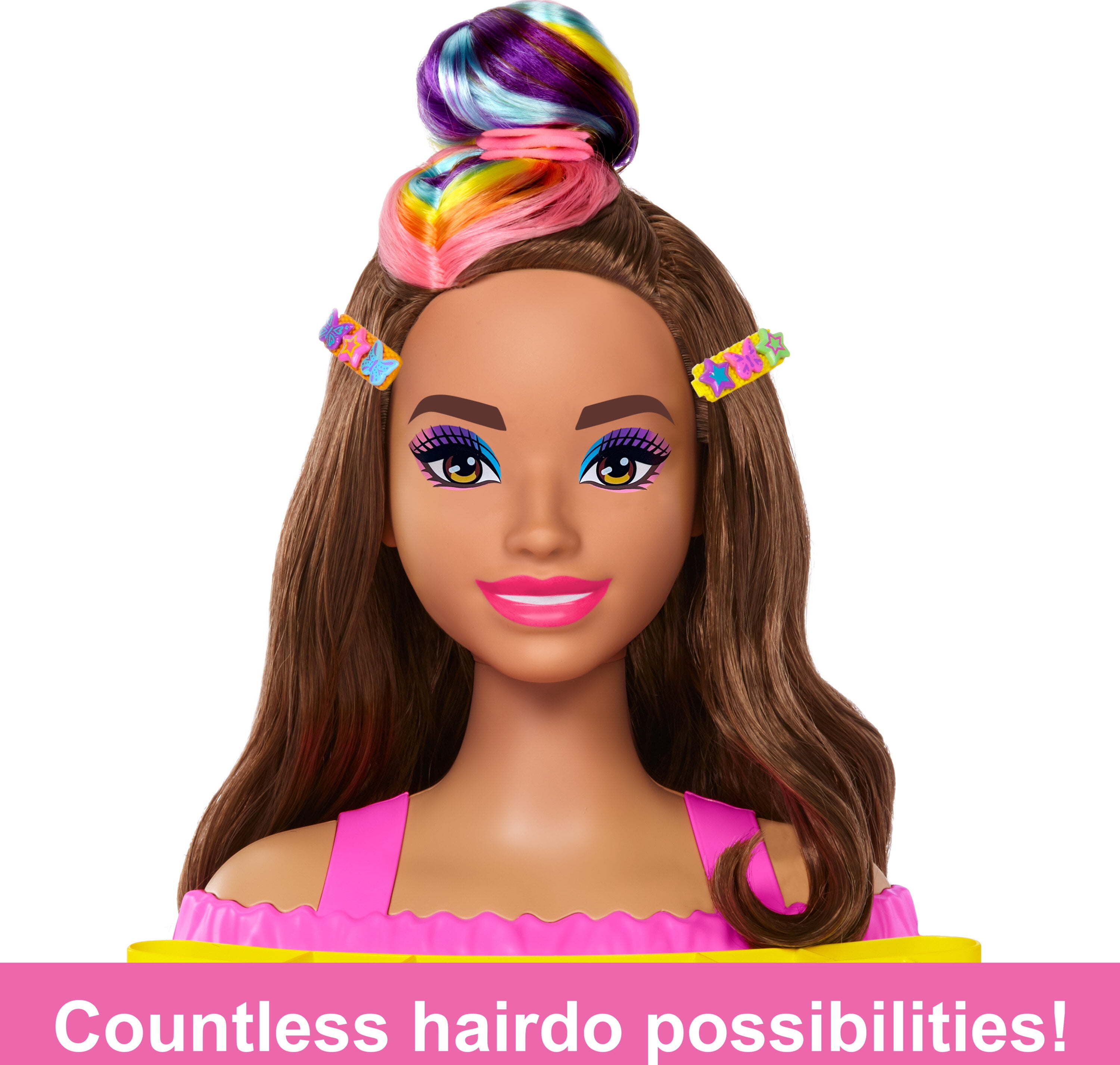 Barbie Deluxe Styling Head with Color Reveal Accessories and Wavy Brown Neon Rainbow Hair Walmart