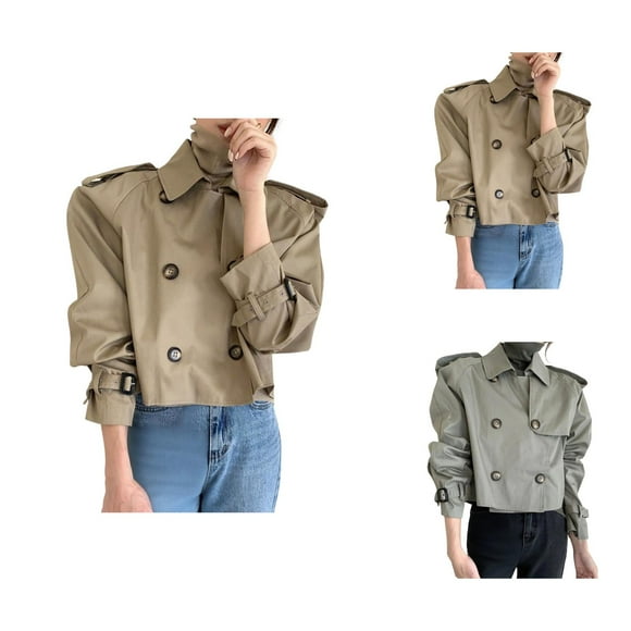 Cropped Trench Coat for Women Long Sleeve Double Breasted Notched Lapel Relaxed Fit Casual Jackets Outerwear
