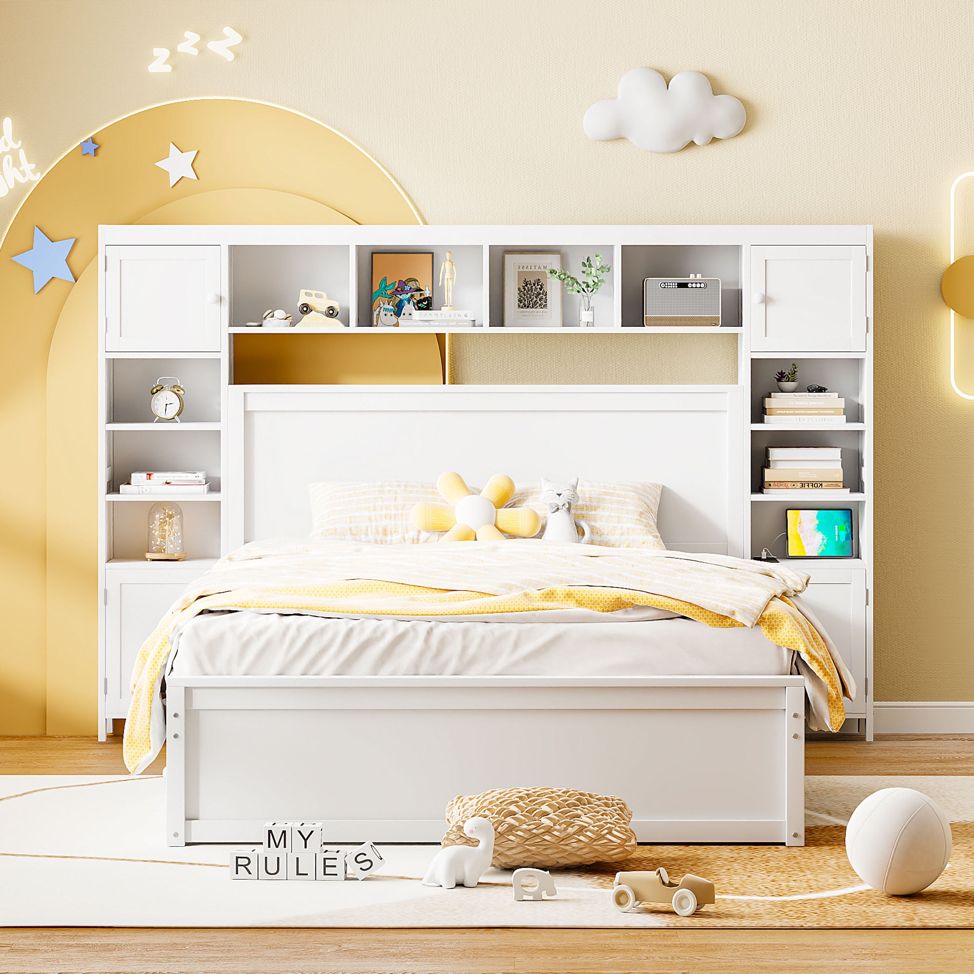 Aukfa Queen Size Bed Frame with All-in-One Cabinet and Shelves, Wooden Functional Bed with Trundle and Storage Drawers, USB Ports Outlets, White