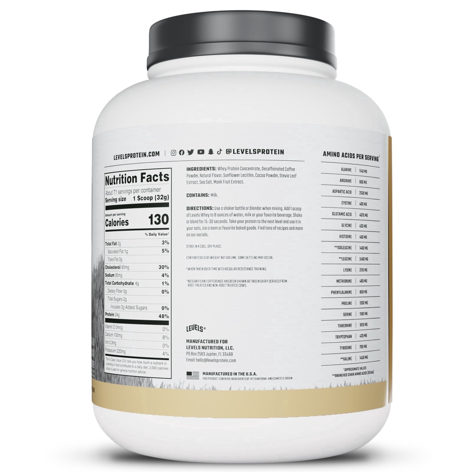 Levels Grass Fed Whey Protein Powder, No Artificials, 24G of Protein, Cappuccino, 5LB