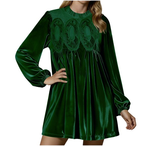 Enjoytime Long Sleeve Dress for Women Solid Color Crewneck Velvet Mini Dresses Fashion Elegant Casual Party Dress
