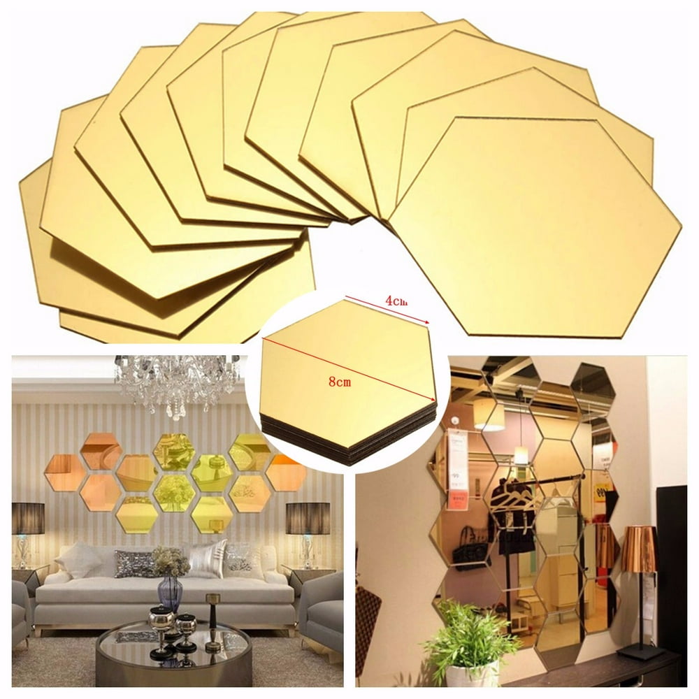 12Pcs DIY Wall Sticker Hexagonal 3D Mirror Self Adhesive Mirror Tiles