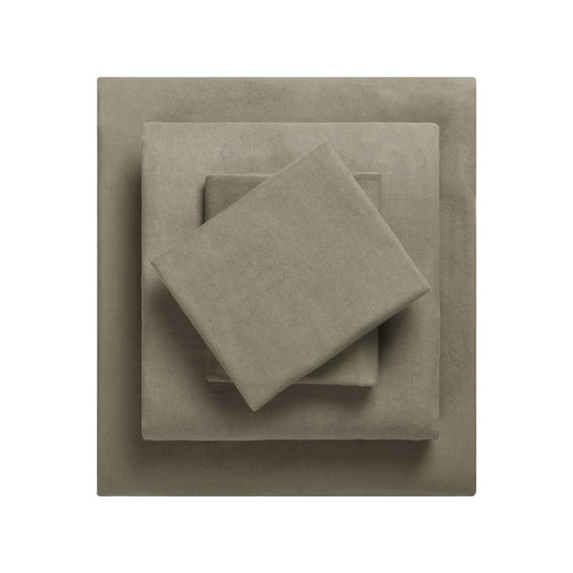 HOMETRENDS 4-piece vetiver mix flannel sheet set neatly stacked, designed for a double bed.
