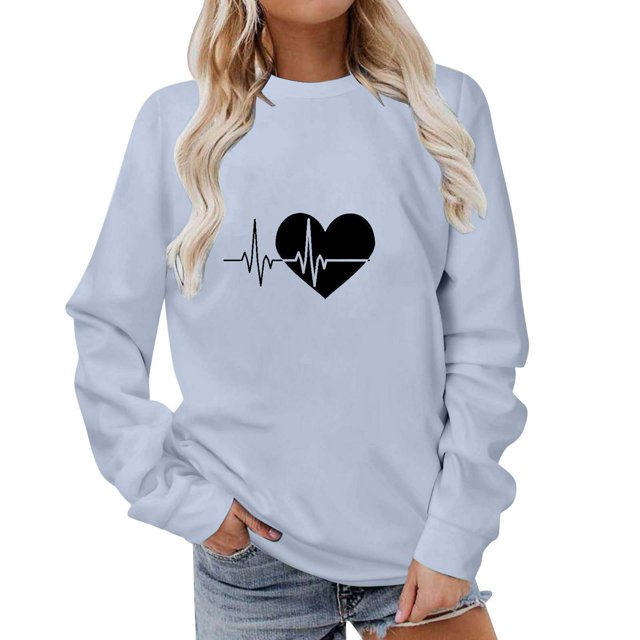 Besolor Womens Fall Spring Sweatshirt Heart Printed Crewneck Long Sleeve Tops Casual Loose Plus Size Pullover Blouse