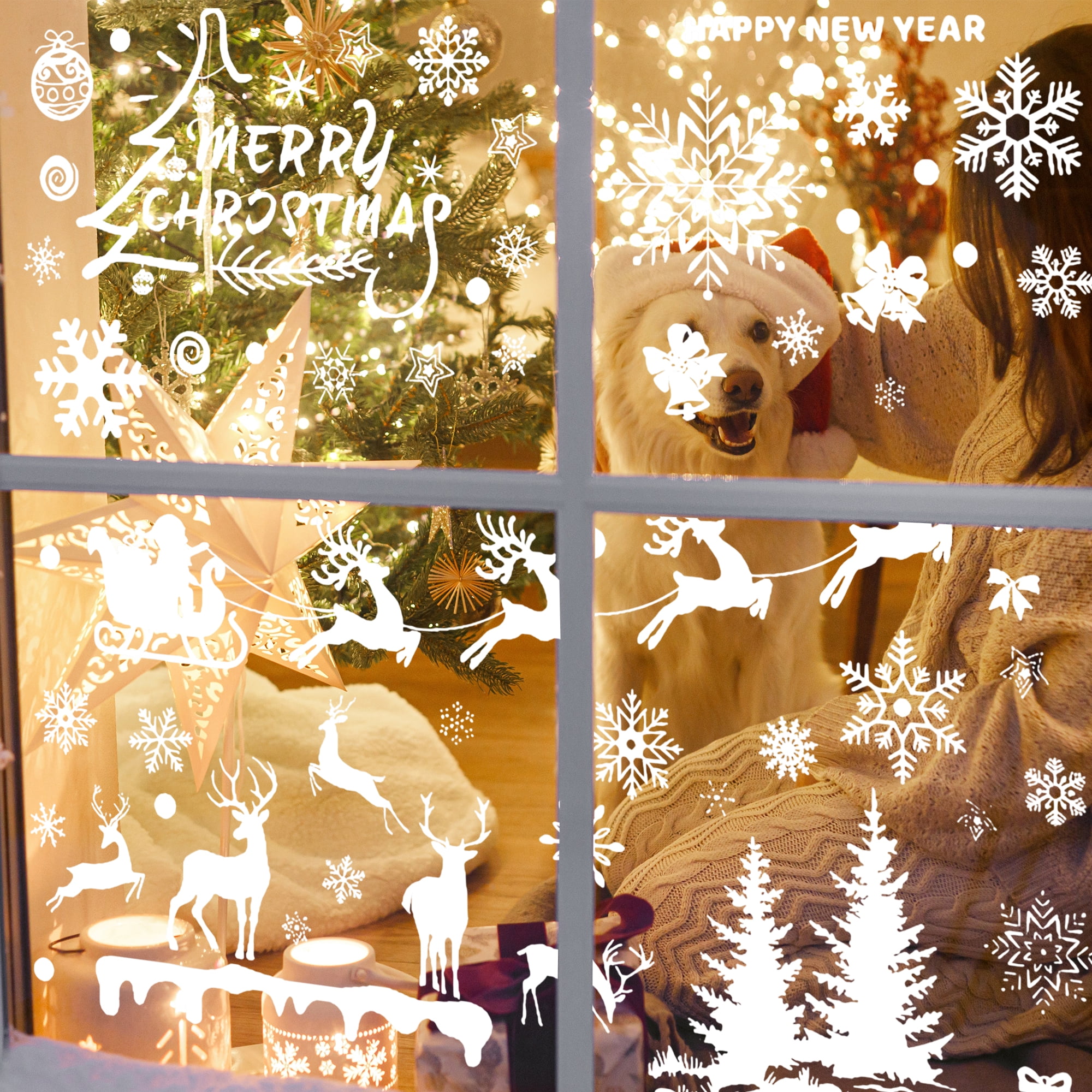 Unique Bargains Window Clings Party Supplies for Holiday White Snowflake Santa Claus