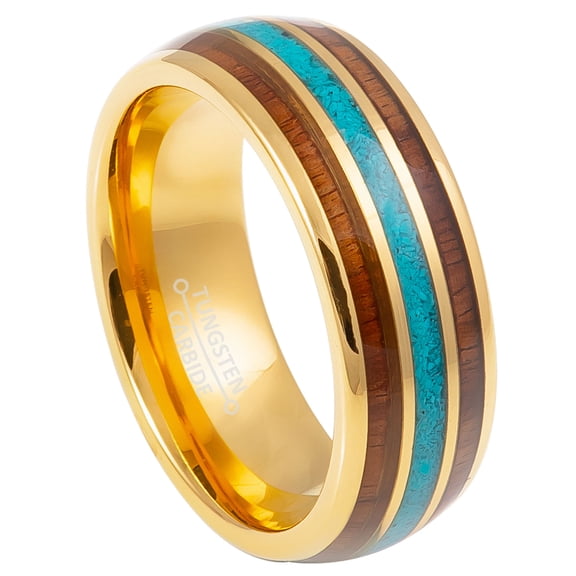 8mm Men's Yellow Gold Tungsten Wedding Band, Wood & Turquoise Inlay Anniversary Ring - TN829WAs10