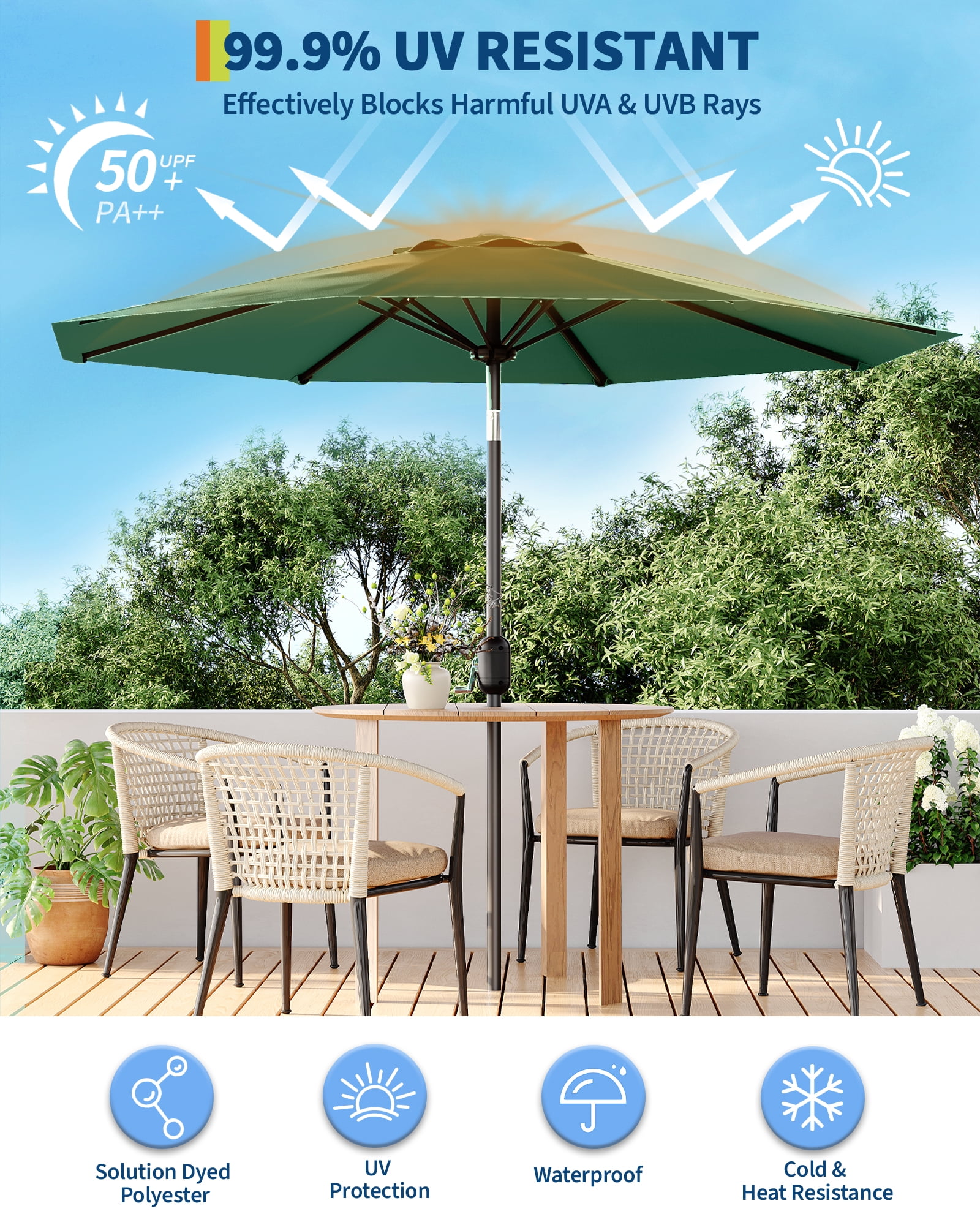 9FT Outdoor Patio Umbrella with Push Button Tilt and Crank, Market Umbrella 8 Sturdy Ribs UV Protection Waterproof Heavy-Duty Pool Umbrella for Deck, Backyard,Garden