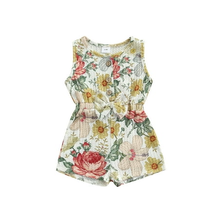 

Canrulo Newborn Infant Baby Girls Romper Floral Print Sleeveless Bowknot Jumpsuit Summer Clothes Outfits Multicolor 12-18 Months