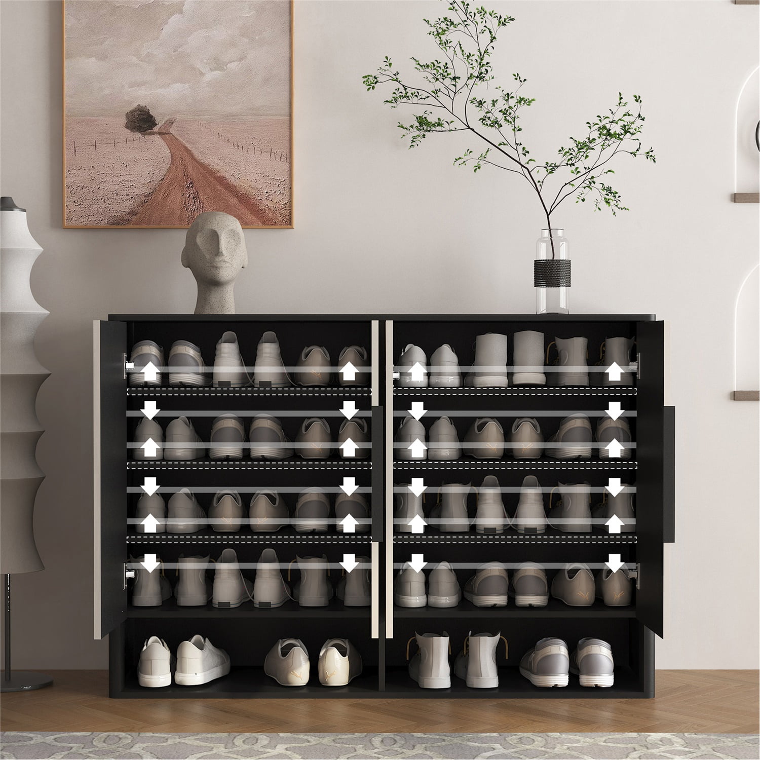 Hommoo Shoe Cabinet with 4 Doors &Adjustable Shelves, Modern Shoe Storage Organizer Cabinet, Shoe Rack Cabinet for Entryway Living room, Bedroom, Black & White