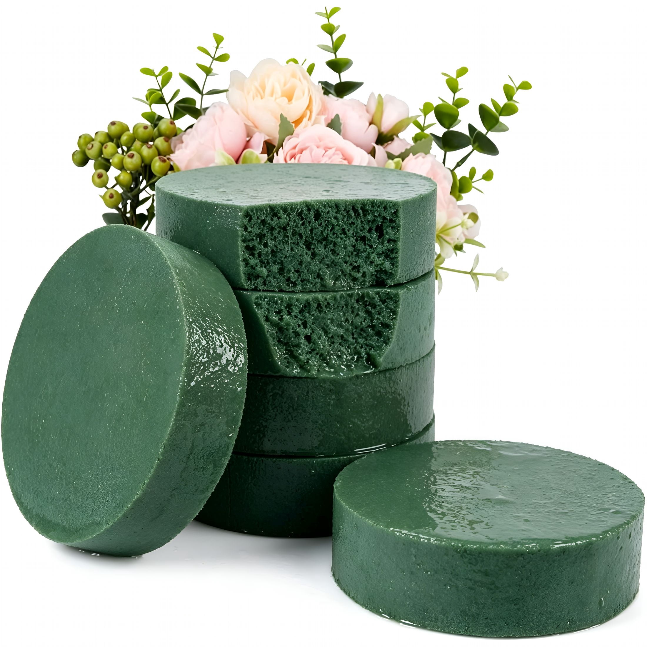 XIBUFE 6 Packs 6"Round Floral Foam Blocks,Wet&Dry Green Foam for Fresh and Artificial Flowers,Flower Foam for Wedding,Birthdays,Party,Home Decorations