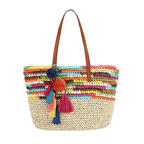Krympe Forbløffe Notesbog Daisy Rose Large Straw Beach Tote Bag for Women with Pom Poms and Inner  Pouch -Vegan Leather Handles (Bright Multi Color) - Walmart.com