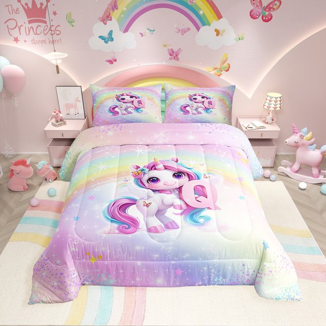 Erosebridal Ensemble de Literie Initiale Q Lettre, Couette Simple, Couette Licorne Mignonne, Décor Arc-en-Ciel Rêveur, Réversible 2 Pcs