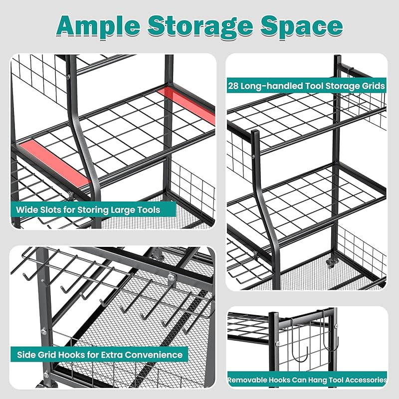 Garden Tool Organizer Stand, Garage Tool Storage Organization, Yard Tool Racks with lockable wheels, Fit for Long-Handled Tools/Rakes/Brooms