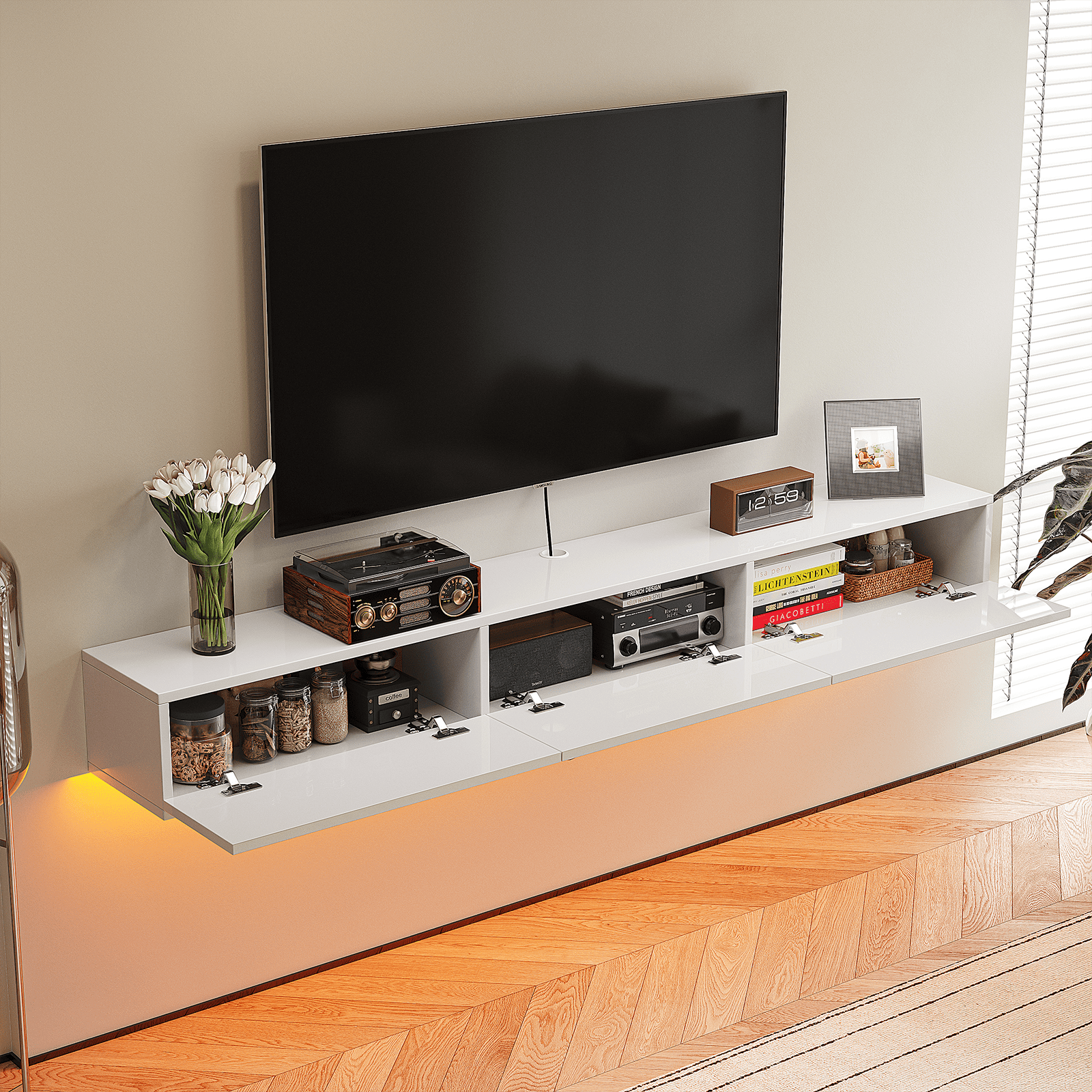 FloatiCasa 55" High Gloss Floating TV Stand Wall-Mounted Floating TV Console with 3 Doors for TVs up to 60"