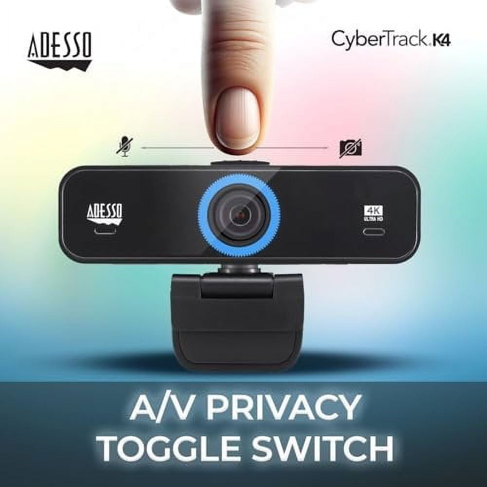 Adesso CyberTrack K4 4K Ultra HD Fixed Focus USB Webcam with Adjustable Field of View Angle, Built-in Dual Microphones, Privacy Audio/Video Switch & Tripod Mount
