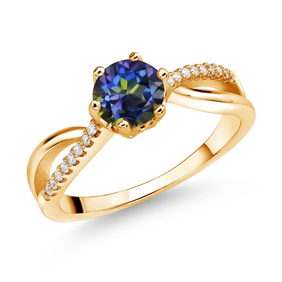 Gem Stone King 18K Yellow Gold Plated Silver Ring Round Mystic Topaz and Moissanite (1.08 Cttw) (Size 6)