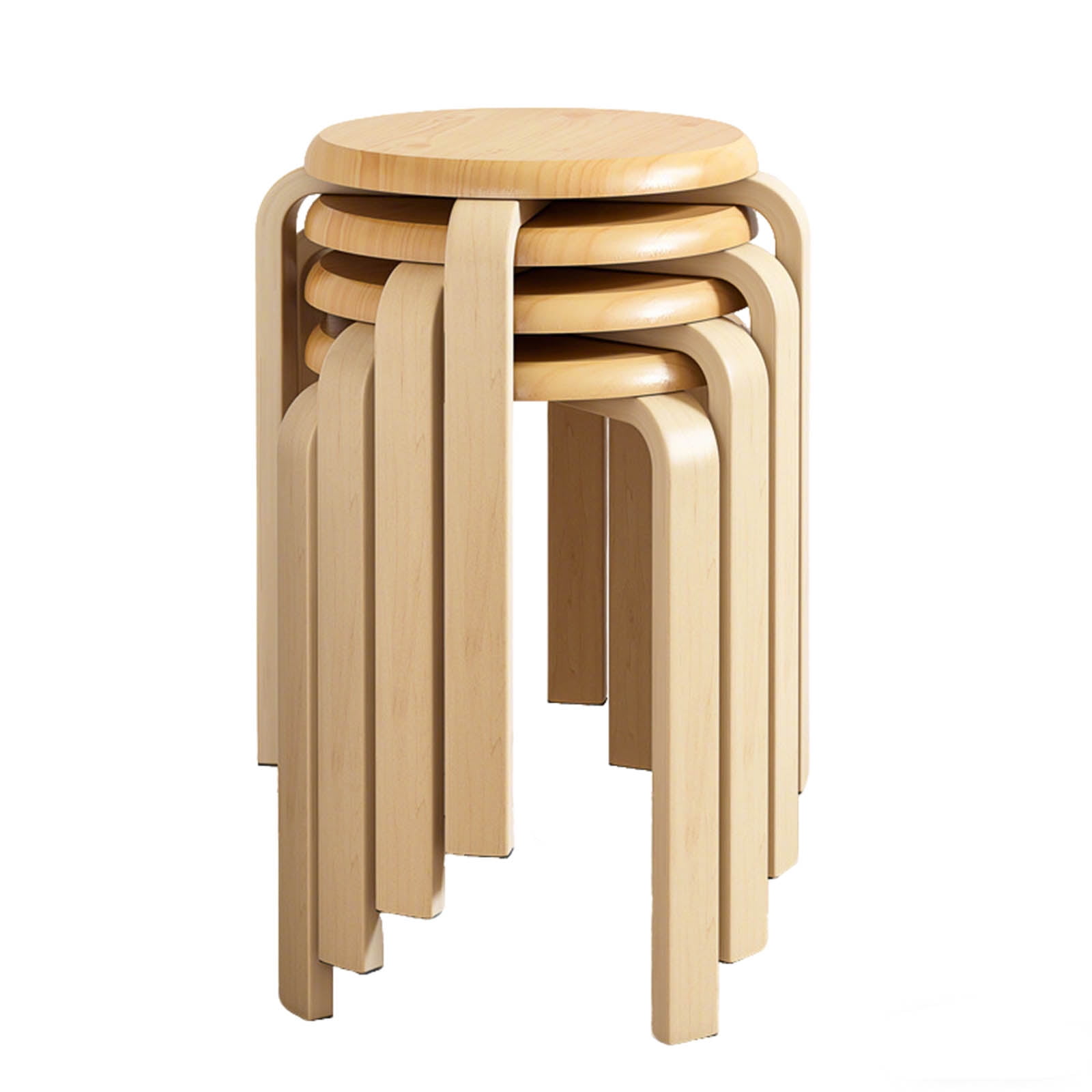 Stackable Stools, Bentwood Stools, Nesting Chairs&nbsp;Set of 4 Round Backless School and Kitchen Stools, Anti-Slip Felt Pad, Natural, 18 Inch Height, Space-Saving Design