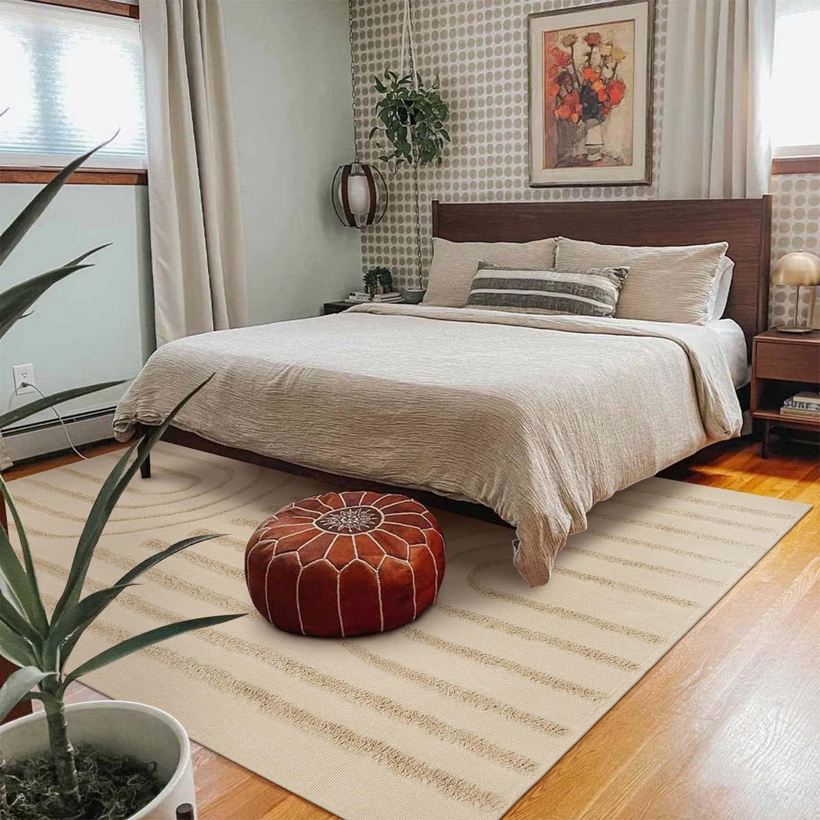 SUNDEREY Modern Rainbow Area Rug,5'x8' Washable Bedroom Rugs,Boho Woven Floor Carpet With Tassel, Modern Farmhouse Tufted Rug For Living Dining Room Kitchen Entryway Bathroom,Khaki