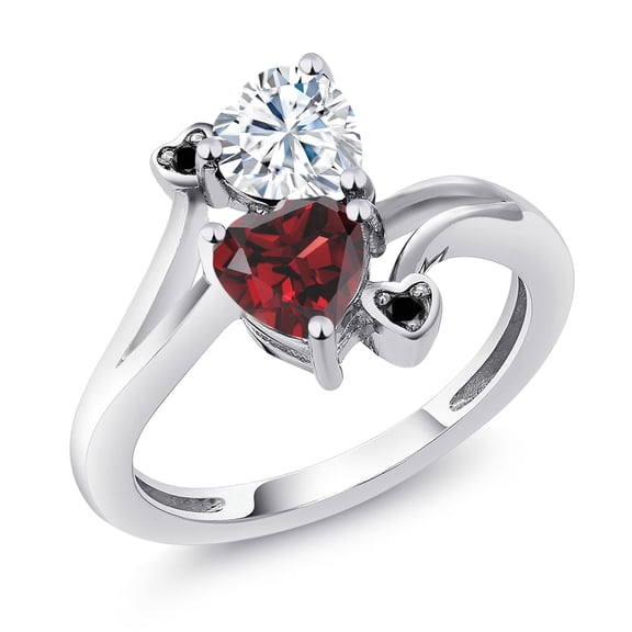 Gem Stone King 925 Sterling Silver White Moissanite Red Garnet and Black Diamond Ring for Women (1.83 Cttw, Heart Shape 6MM, Gemstone Birthstone, Size 5)