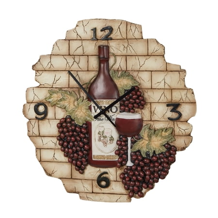 Vino Italiano Decorative Wall Clock, Handpainted Grape Bunches and Wine, Quartz Movement