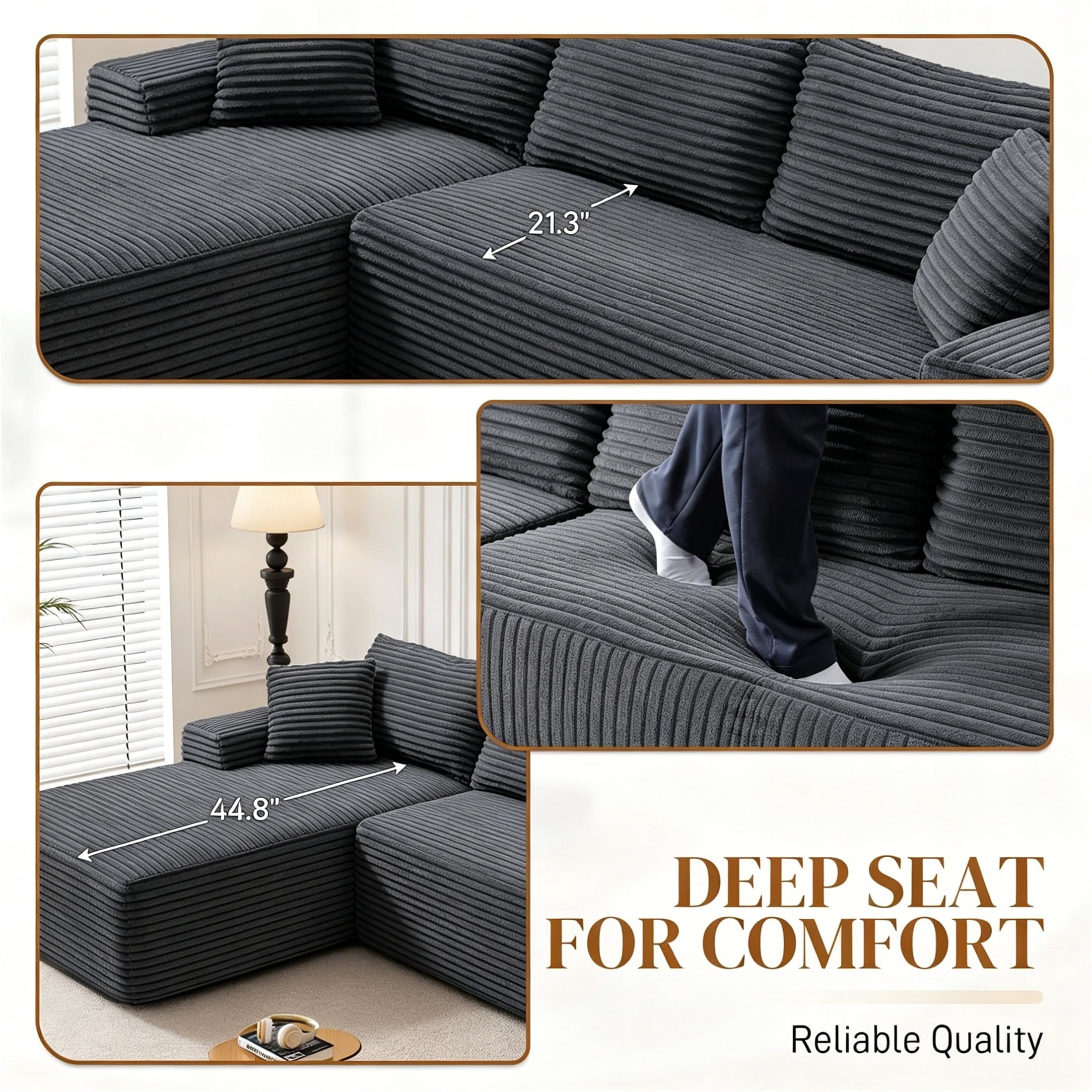 Aukfa 96" Cloud Sectional Sofa Deep Seat Boneless Couch Modular L-Shaped Couch, Left Chaise Corduroy Sofa for Living Room, Dark Gray