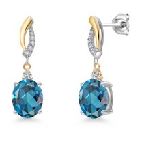 Gem Stone King 6.06 Cttw London Blue Topaz and White Lab Grown Diamond Dangle Earrings for Women | 925 Silver and 10K Yellow Gold | Gemstone November Birthstone | Oval 10X8MM