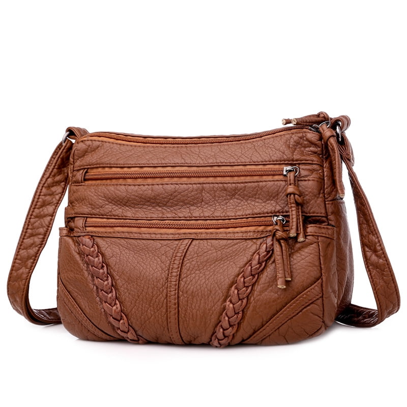 Large Crossbody Bags for Women PU Washed Leather Over the Shoulder Trave Brown