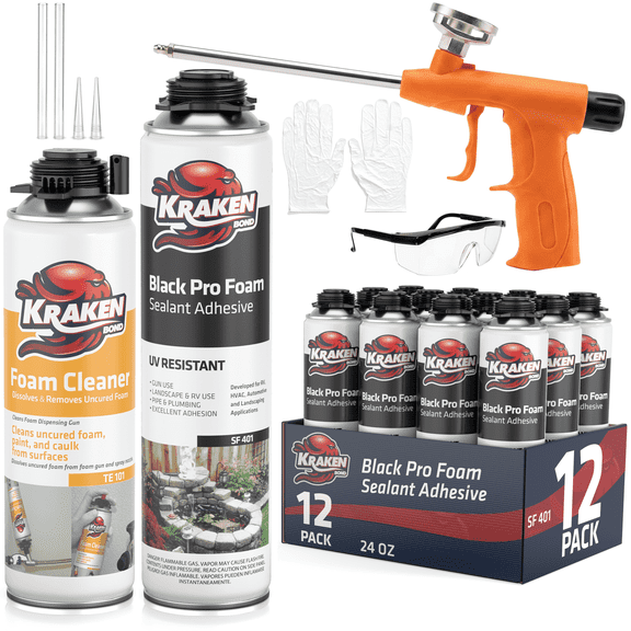 Kraken Bond Pro Black Expanding Spray Foam Sealant with Gun and Cleaner, 12 Pack Set
