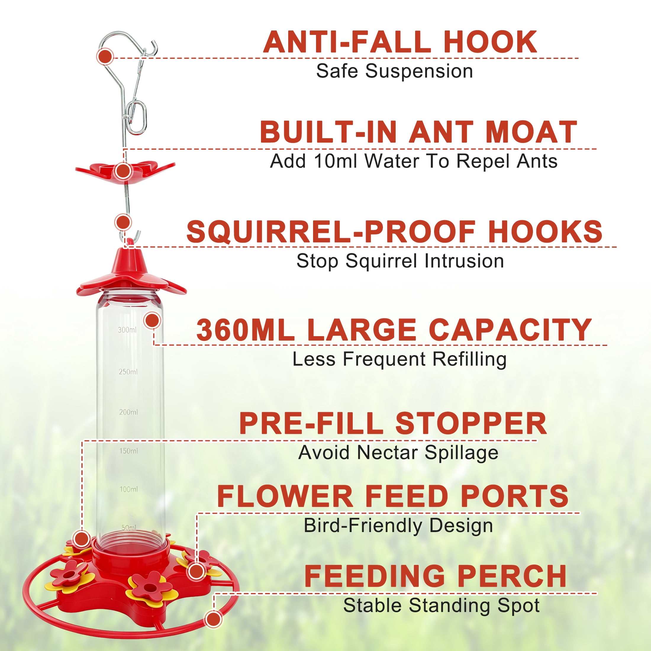 GARITIN Hummingbird Feeder 300ml, Anti-Ant Leak Proof Hanging Bird Nectar Feeder with Built-In Ant Moat for Outdoor Garden Yard