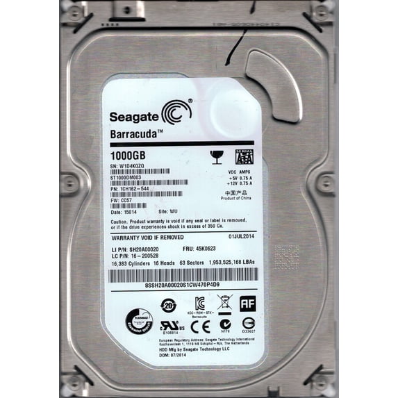 ST1000DM003 P/N: 1CH162-544 F/W: CC57 WU Seagate 1TB