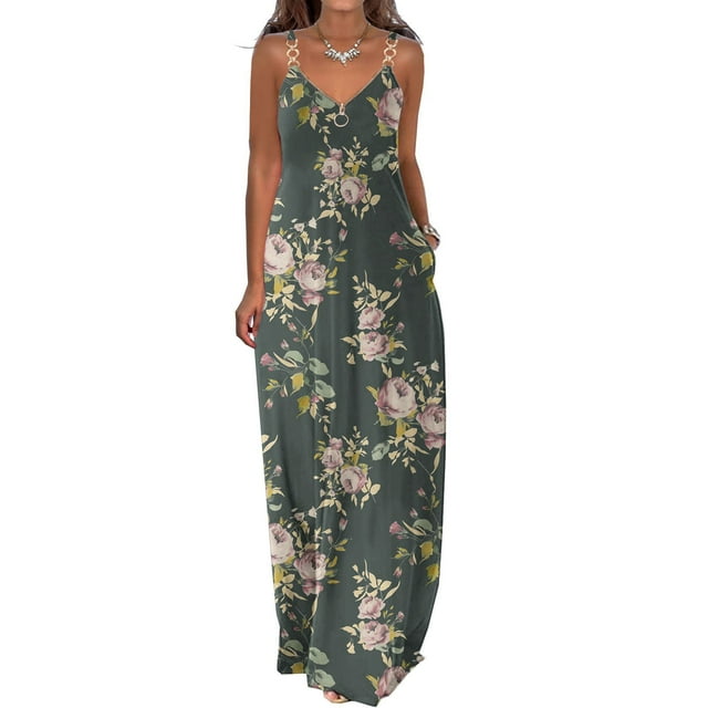 EQWLJWE Robe Femme Liquidation Robes d'Été pour Femmes Décontractées Boho Imprimées Cerceau Bretelles Plage Longue Maxi Robe avec Poches Robes pour Femmes Grande Taille