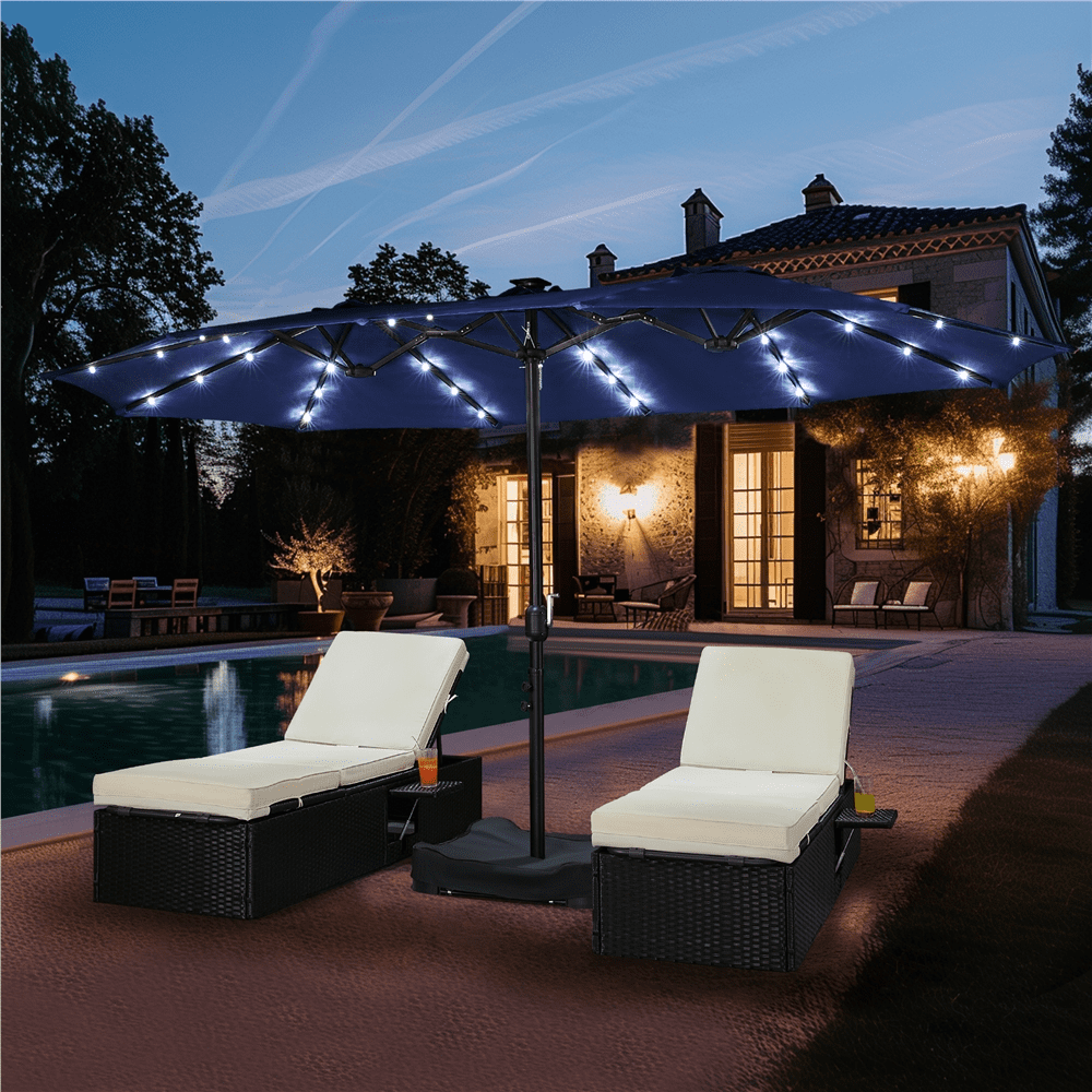 Renwick 13ft Large Patio Umbrella with Solar Lights & Base, Navy Blue