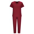 thumbnail image 4 of CheerKidz Clearance Pants Sets for Women Solid Color Drawstring Pants Protective-Suit Short Sleeve V-Neck Shirts Sets with Pockets 2 Piece Outfits(Wine,M), 4 of 5