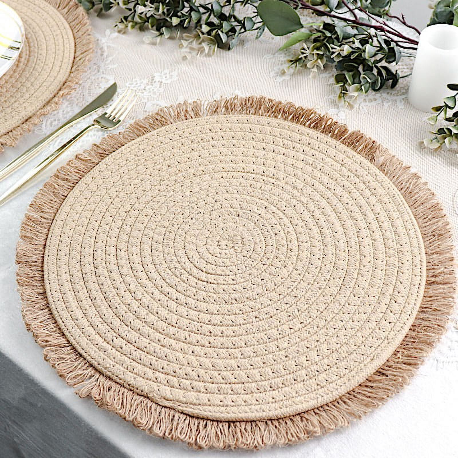BalsaCircle 4 Natural 15 in Round Burlap Jute Placemats Fringed Trim Party Events Home Decorations Supplies