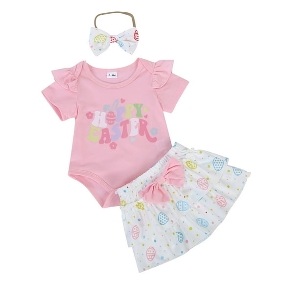 Adeawade Newborn Easter Outfits For Girl 0-3 Months Short Sleeve Letter Romper Bodysuits Cartoon Prints Skirts Outfits Classic Playsuit Pink