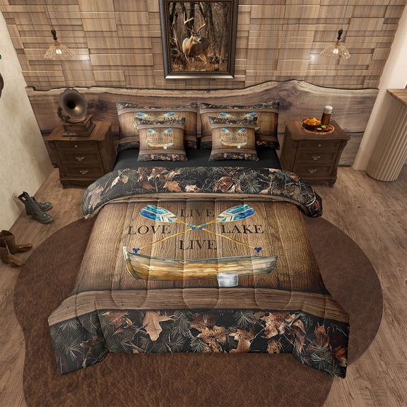 Lake House 7 Piece Comforter Set With Sheets Full Lake Paddle Boat Bedding Set Gifts For Men Women,Rustic Cabin Camo Bed In A Bag Woodland Tree Branch Leaves Camouflage Bed Set