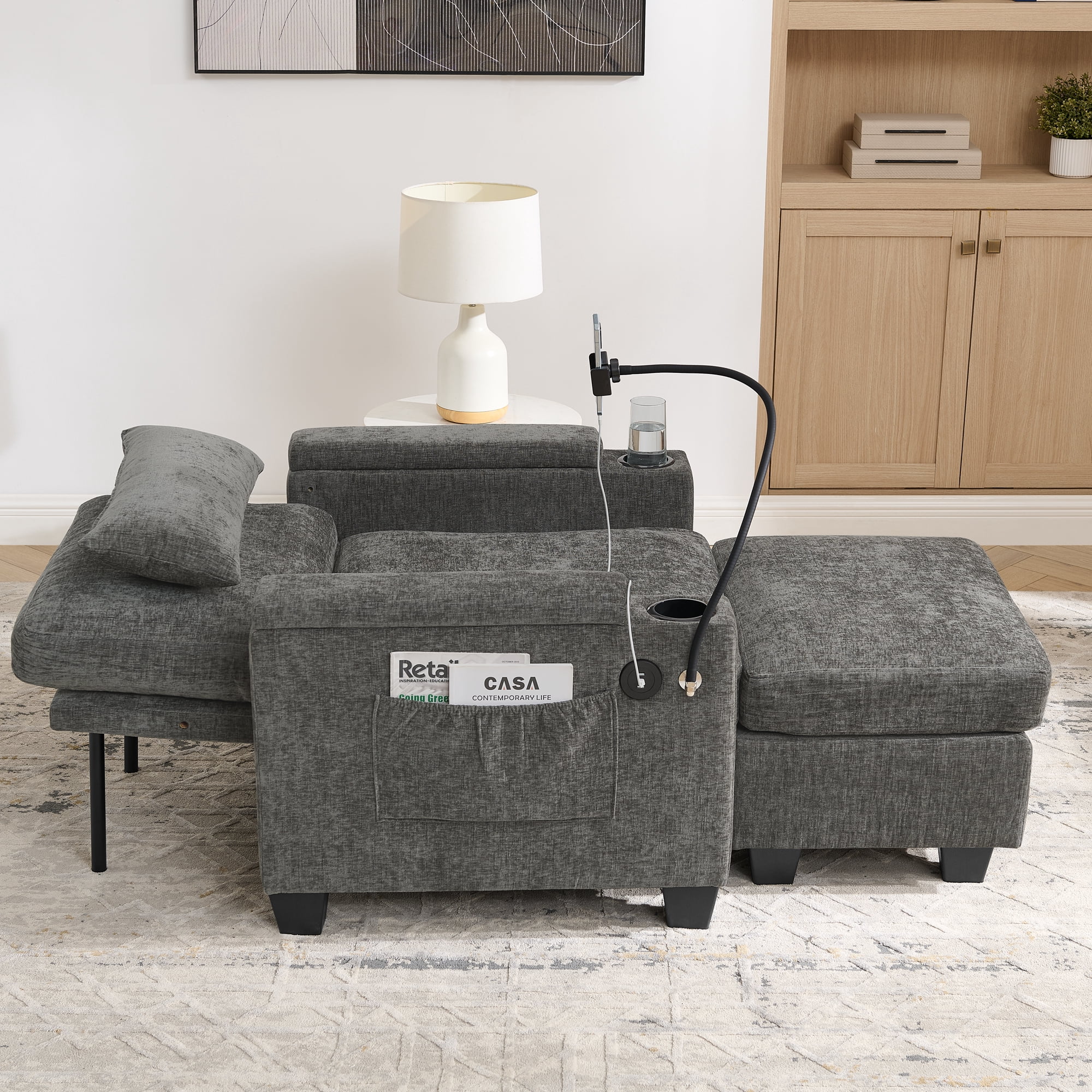 Recliner Chair with Adjustable Backrest, Cup Holders, USB Charging Port, Phone Stand, Arm Storage and Storage Ottoman