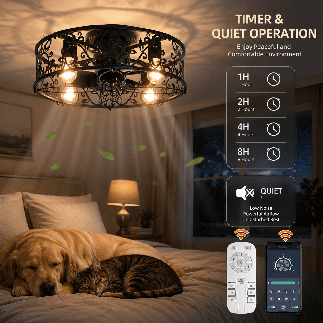 Garwarm 20in. Black Caged Farmhouse Ceiling Fan with Lights and Remote, 6-Speed Reversible Low Profile Flush Mount Ceiling Fan, Industrial Enclosed Fandelier for Bedroom, Kitchen