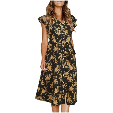 

jsaierl Summer Shirt Dress Women 2023 Vacation Print Dress Floral Ruffle Short Sleeve Midi Dress Button Down Loose Crew Neck Boho Dress