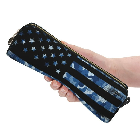 Ratiio Navy Camouflage American Flag Pattern Leather Pencil Case, Pencil Pouch with Durable Zipper, Compact and Stylish Organizer for Stationery, Art Supplies, Travel Essentials