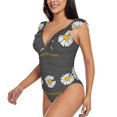 thumbnail image 3 of Yiaed Keep Life Simple Daisy Flower Print Women's Ruffled One Piece Swimsuit V Neck Swimwear Slimming Monokini for Woman-Small, 3 of 8