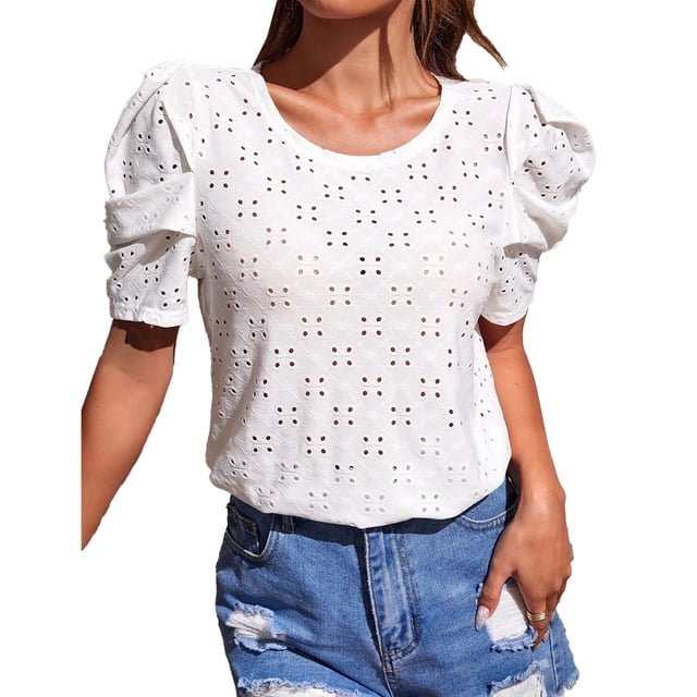 Camiseta Cuello Redondo Puff Manga Corta Recortada Jacquard Liso Moda Slim Fit Top De Verano Blanco M