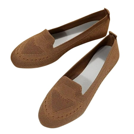 hopeusnice Women s Knitted Slip On Flats Comfortable Breathable Shoes Lightweight Loafers Casual Beach Sneakers Coffee 41